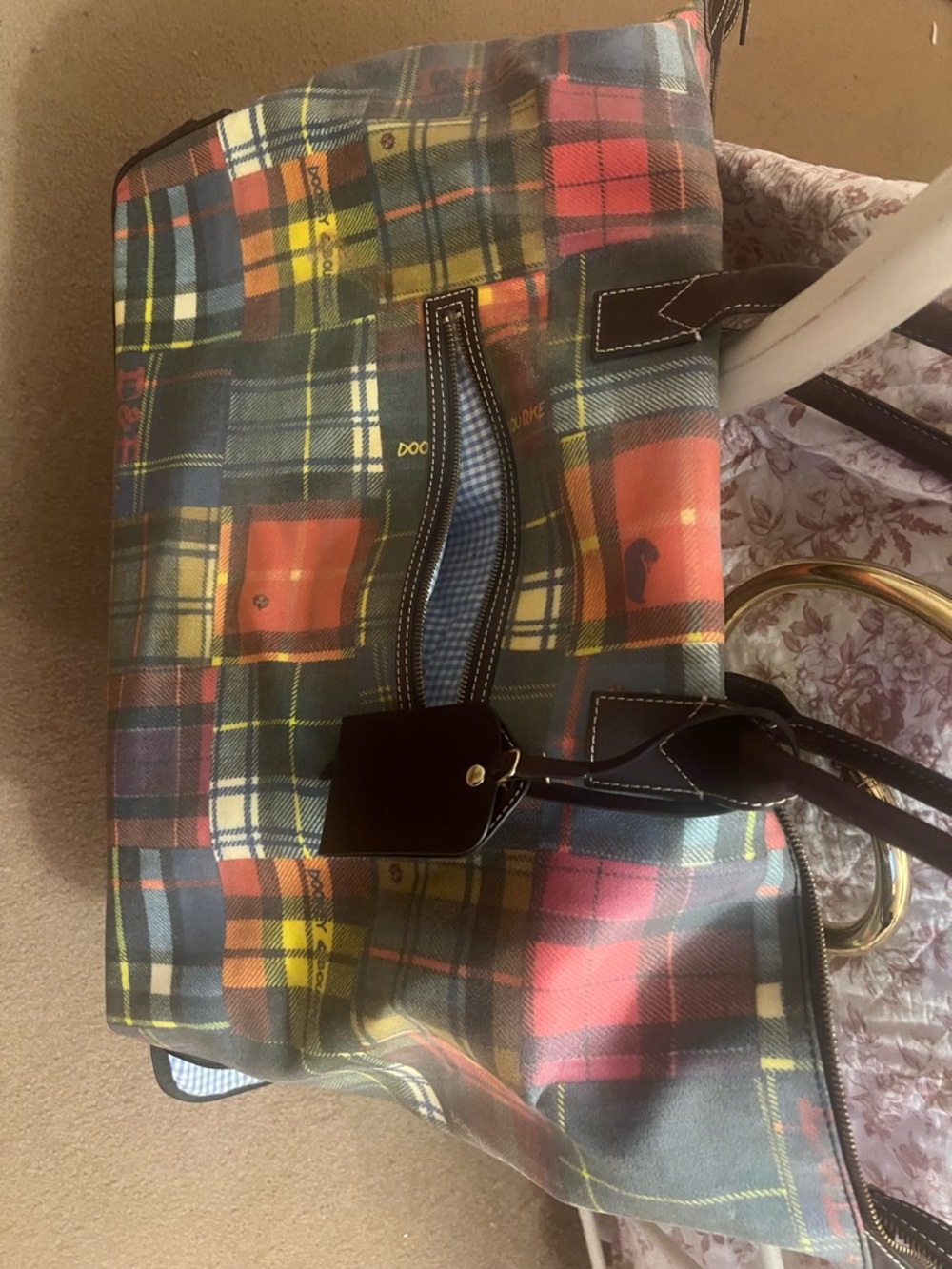 Dooney & Bourke Red Blue Yellow Green Plaid Tote